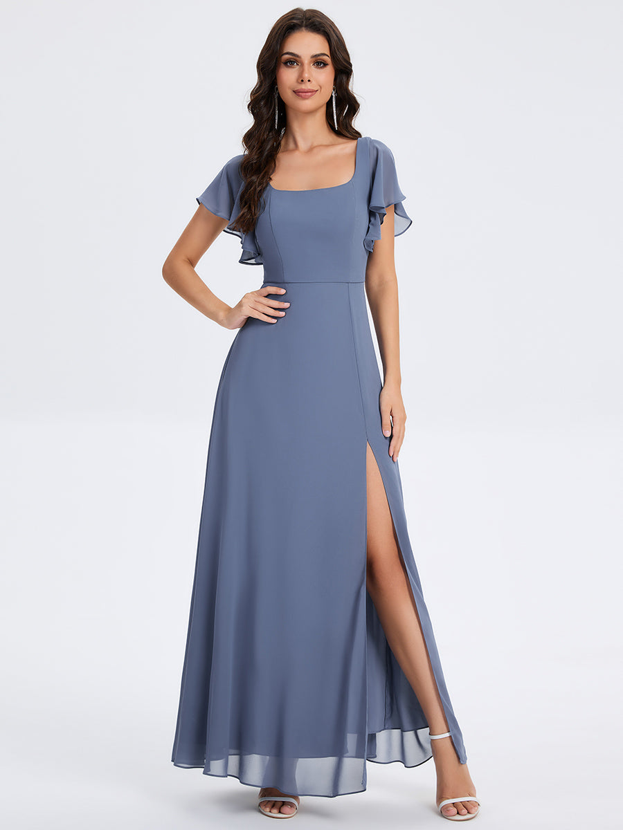Bodenlanger A-Linien Chiffon Kleid Mit Quadratischem Ausschnitt Bindeband Vorne Und Rückenfreiem Design #Farbe_Taubenblau