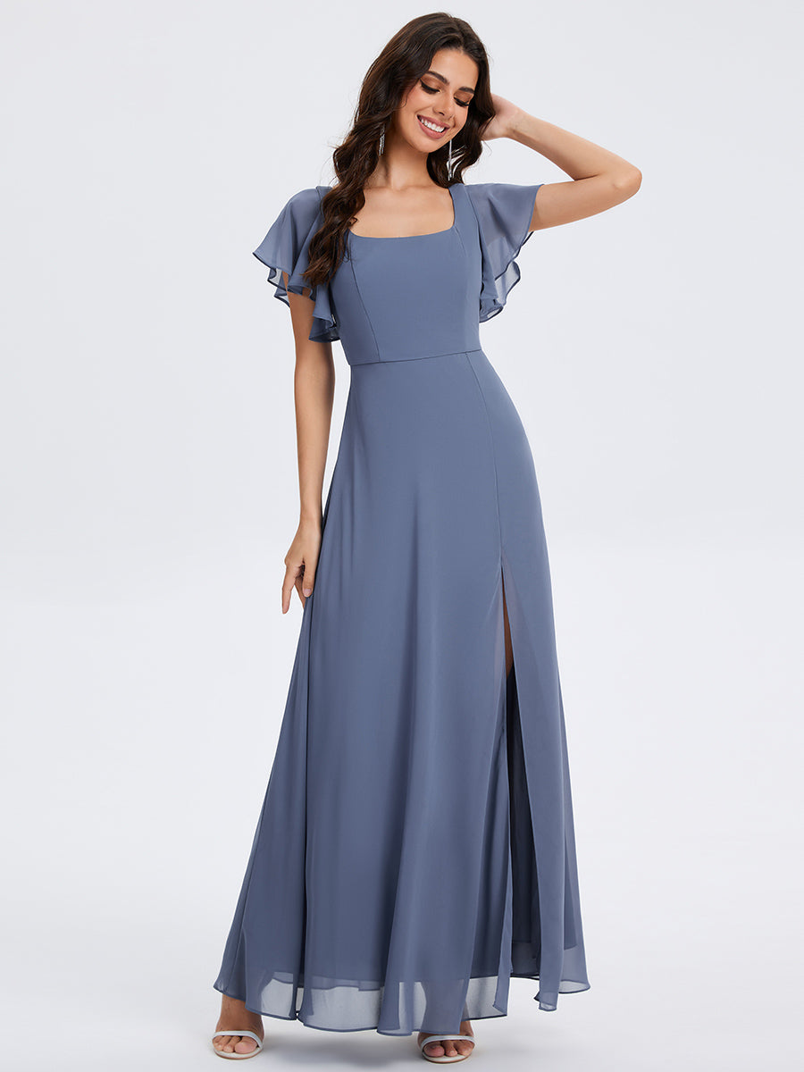 Bodenlanger A-Linien Chiffon Kleid Mit Quadratischem Ausschnitt Bindeband Vorne Und Rückenfreiem Design #Farbe_Taubenblau