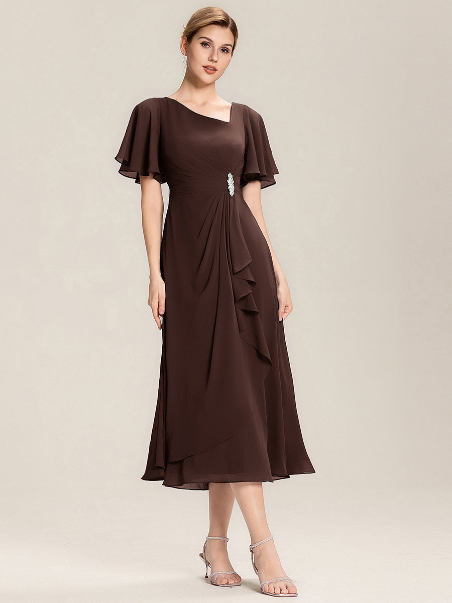Abendkleid mit Volantärmeln und Strass-Details aus Chiffon abendkleid #Farbe_Schokoladenbraun