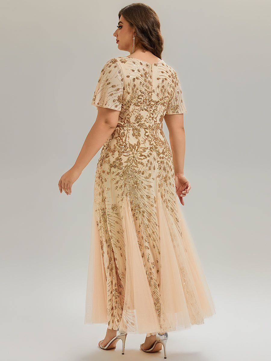 Maxi Knöchellanges V-Ausschnitt A-Linie Paillettenkleid Mit Besticktem Patchwork Kleid #Farbe_Gold