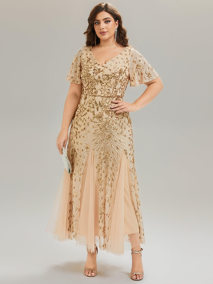 Maxi Knöchellanges V-Ausschnitt A-Linie Paillettenkleid Mit Besticktem Patchwork Kleid #Farbe_Gold
