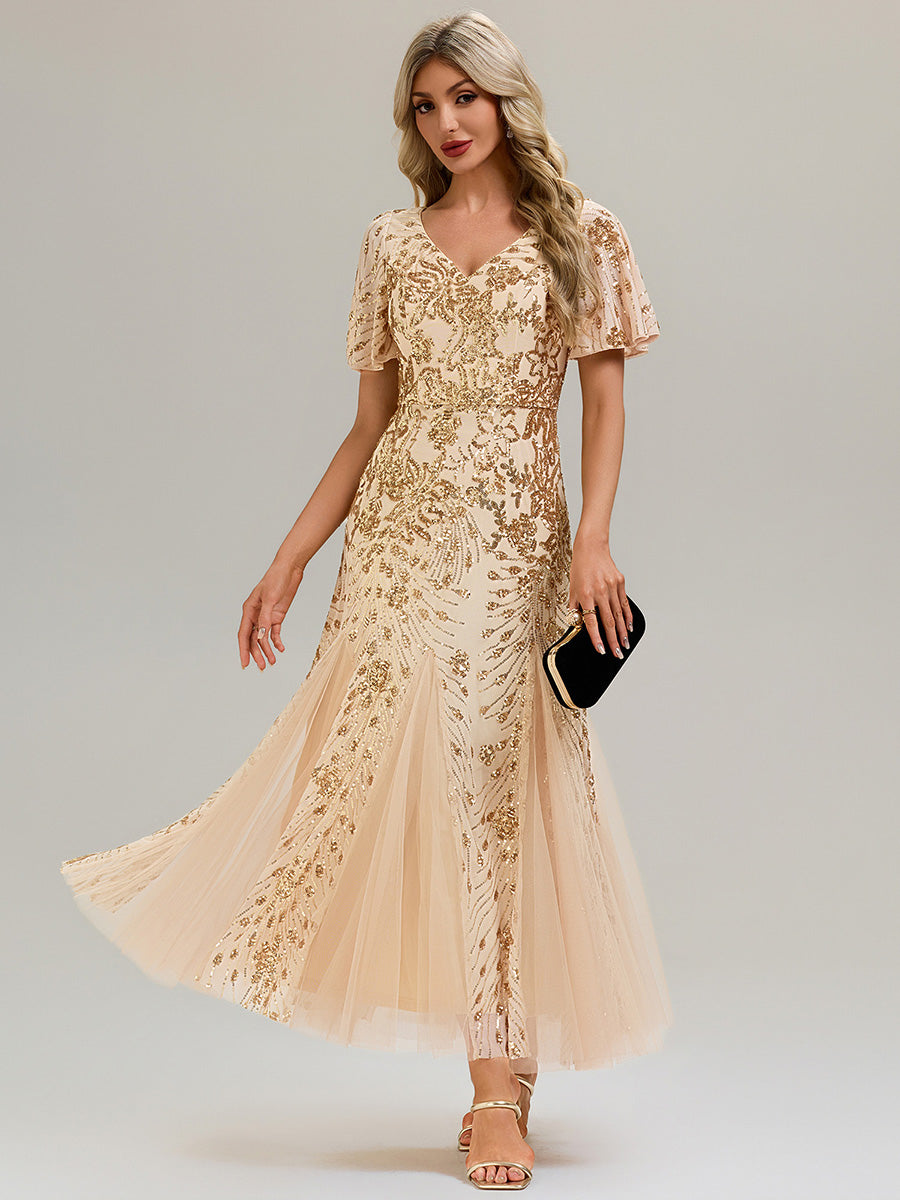 Maxi Knöchellanges V-Ausschnitt A-Linie Paillettenkleid Mit Besticktem Patchwork Kleid #Farbe_Gold