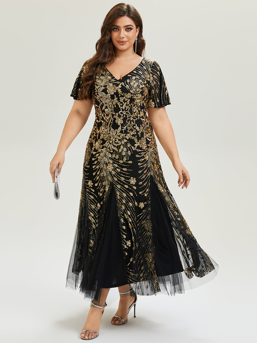 Maxi Knöchellanges V-Ausschnitt A-Linie Paillettenkleid Mit Besticktem Patchwork Kleid #Farbe_Schwarz & Gold