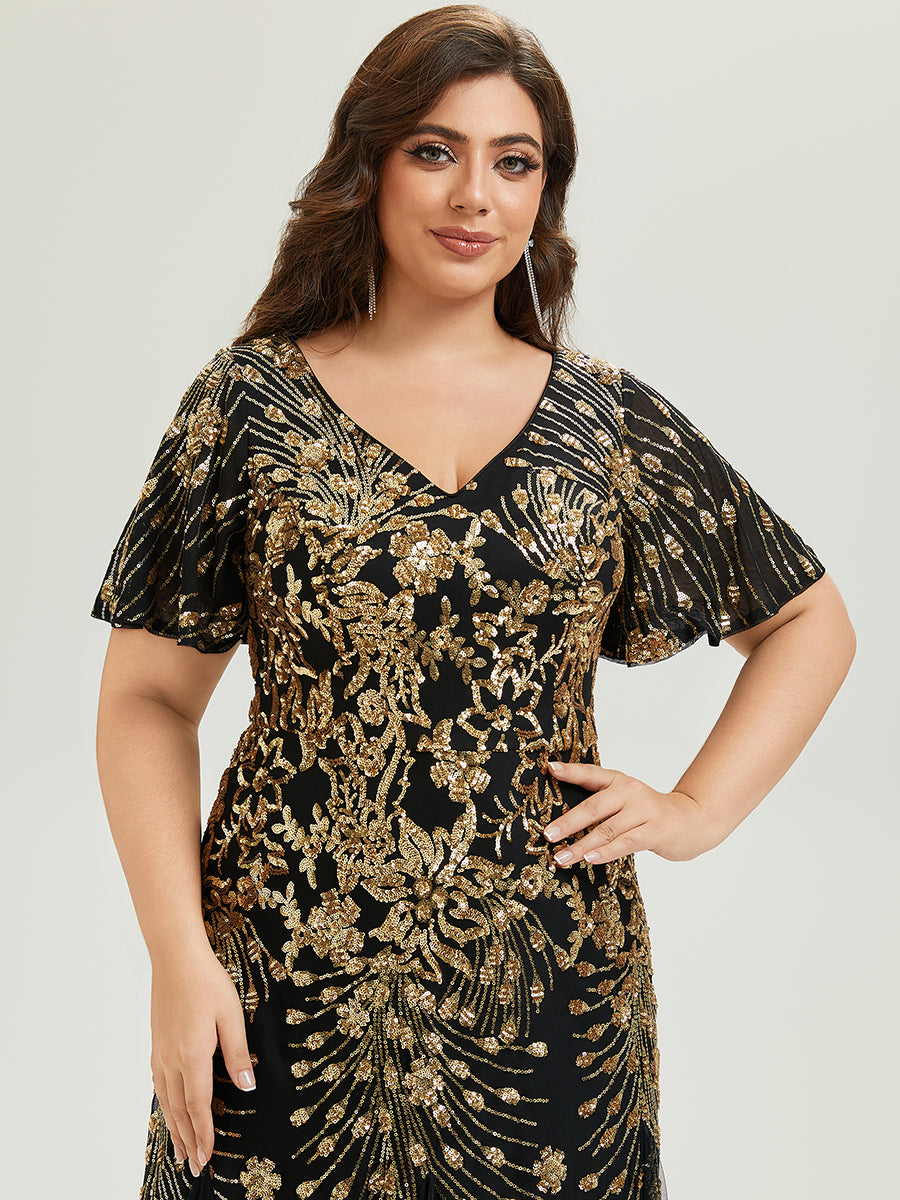 Maxi Knöchellanges V-Ausschnitt A-Linie Paillettenkleid Mit Besticktem Patchwork Kleid #Farbe_Schwarz & Gold