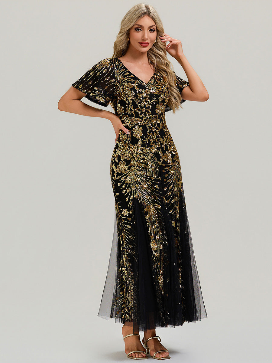 Maxi Knöchellanges V-Ausschnitt A-Linie Paillettenkleid Mit Besticktem Patchwork Kleid #Farbe_Schwarz & Gold