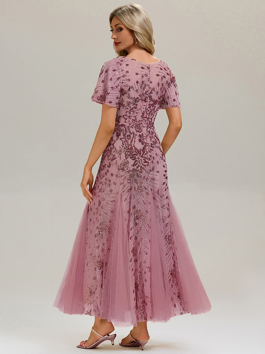 Maxi Knöchellanges V-Ausschnitt A-Linie Paillettenkleid Mit Besticktem Patchwork Kleid #Farbe_Orchideenviolett