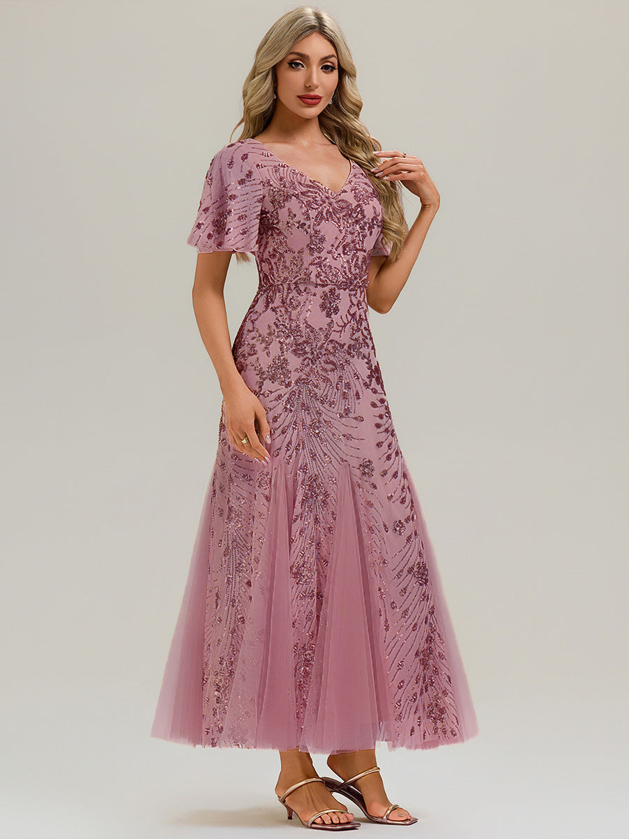 Maxi Knöchellanges V-Ausschnitt A-Linie Paillettenkleid Mit Besticktem Patchwork Kleid #Farbe_Orchideenviolett