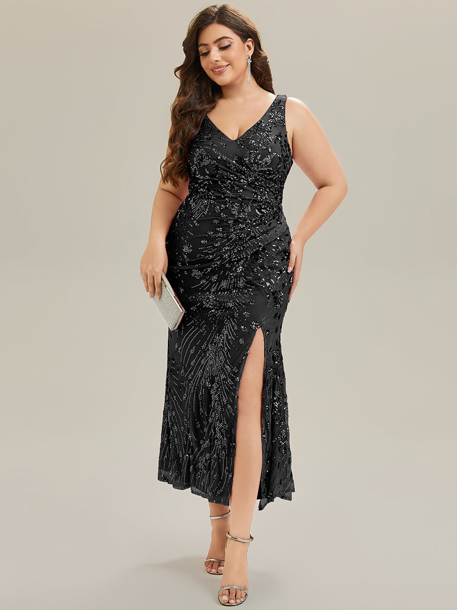 Maxi Und Knöchellanges V-Ausschnitt Meerjungfrau Pailletten Kleid Mit Knoten Detail Und Tiefem V-Ausschnitt #Farbe_Schwarz