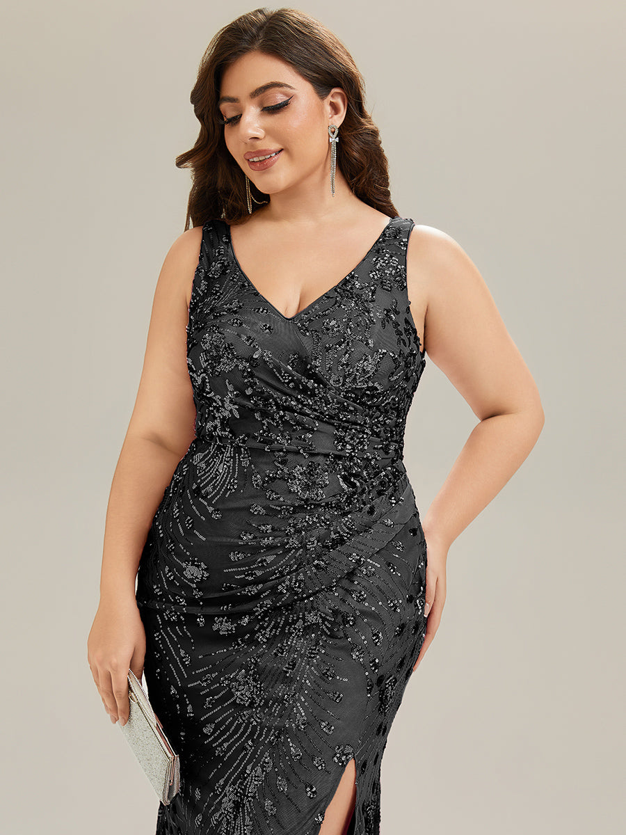 Maxi Und Knöchellanges V-Ausschnitt Meerjungfrau Pailletten Kleid Mit Knoten Detail Und Tiefem V-Ausschnitt #Farbe_Schwarz