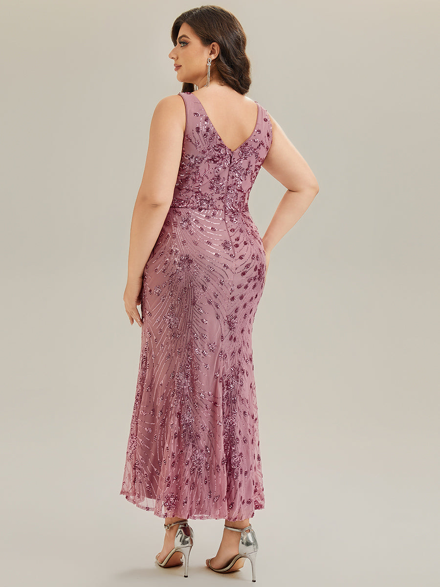 Maxi Und Knöchellanges V-Ausschnitt Meerjungfrau Pailletten Kleid Mit Knoten Detail Und Tiefem V-Ausschnitt #Farbe_Orchideenviolett
