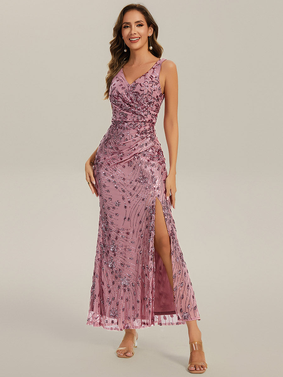 Maxi Und Knöchellanges V-Ausschnitt Meerjungfrau Pailletten Kleid Mit Knoten Detail Und Tiefem V-Ausschnitt #Farbe_Orchideenviolett