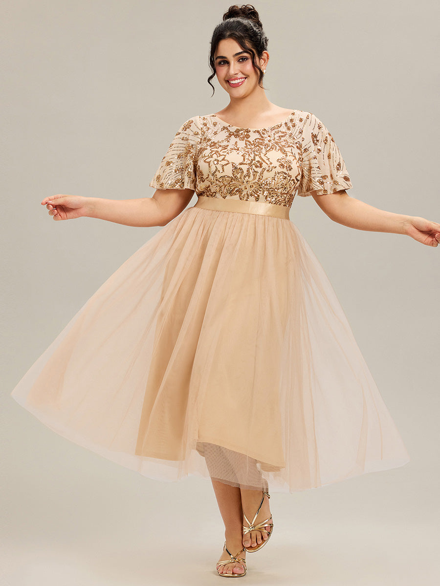 Midi Länge Pailletten Meerjungfrau Kleid Mit Tiefem V-Ausschnitt Elegantes Tee Länge Kleid #Farbe_Gold