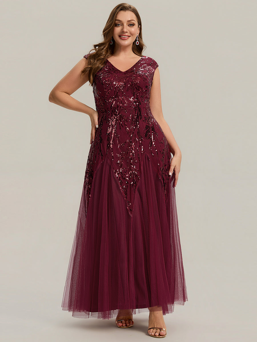 Bodenlanger V-Ausschnitt A-Linie Pailletten Kleid Mit Besticktem Blumenmuster #Farbe_Burgunderrot