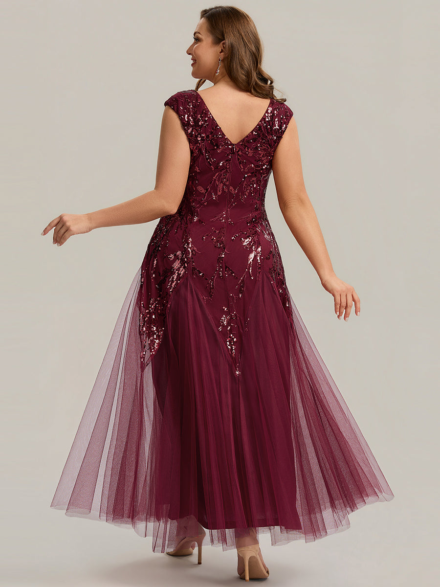 Bodenlanger V-Ausschnitt A-Linie Pailletten Kleid Mit Besticktem Blumenmuster #Farbe_Burgunderrot