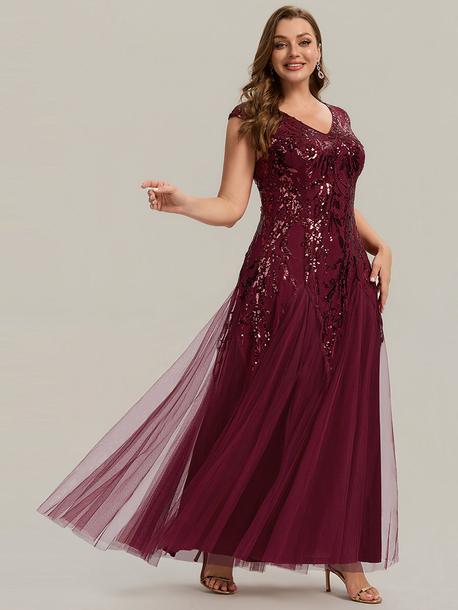 Bodenlanger V-Ausschnitt A-Linie Pailletten Kleid Mit Besticktem Blumenmuster #Farbe_Burgunderrot