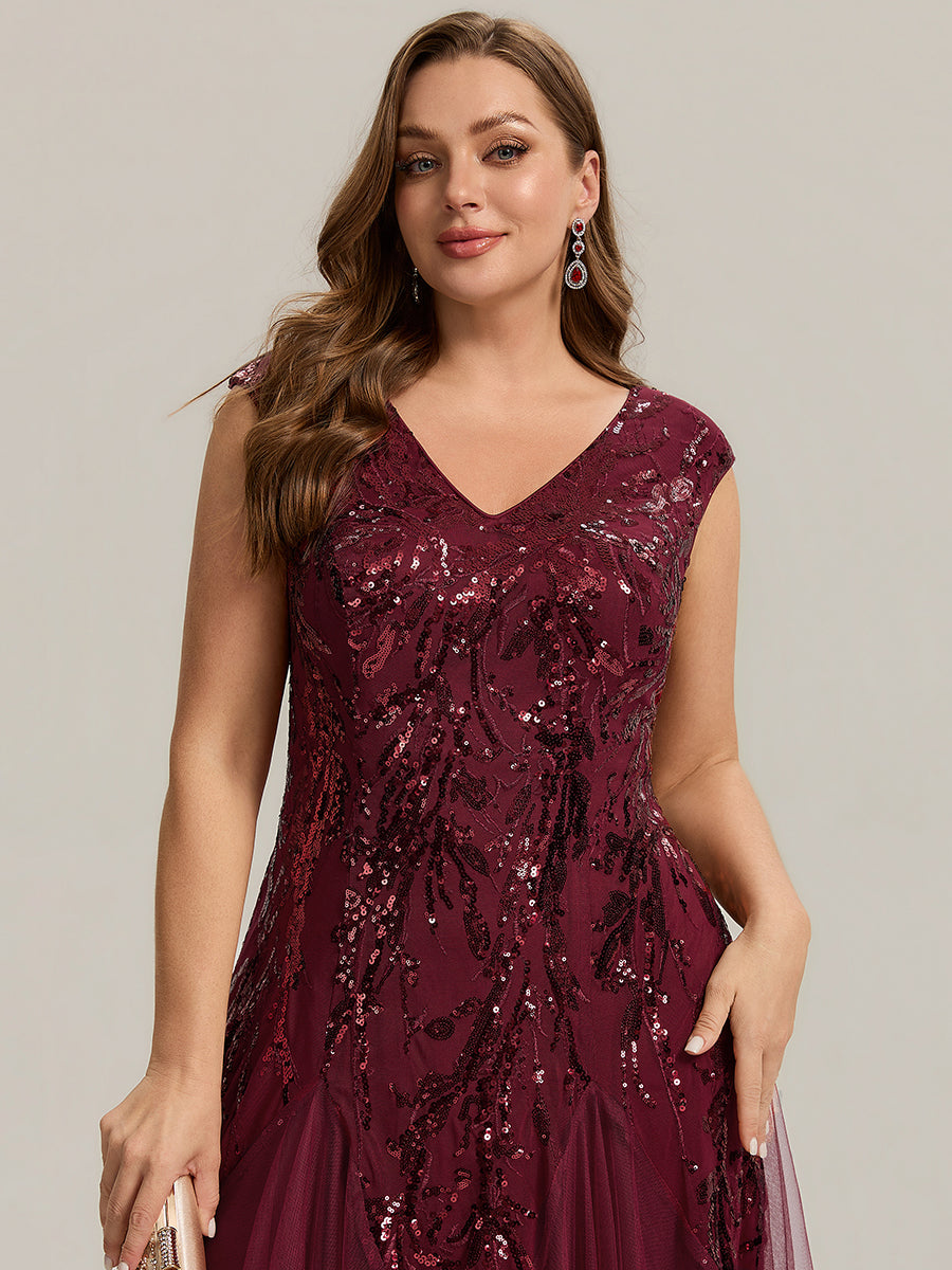 Bodenlanger V-Ausschnitt A-Linie Pailletten Kleid Mit Besticktem Blumenmuster #Farbe_Burgunderrot