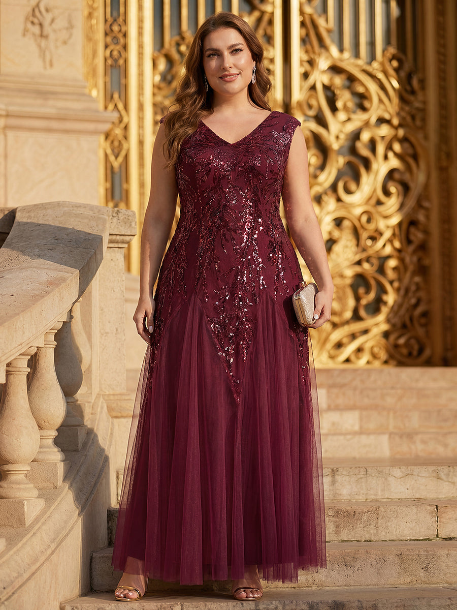 Bodenlanger V-Ausschnitt A-Linie Pailletten Kleid Mit Besticktem Blumenmuster #Farbe_Burgunderrot