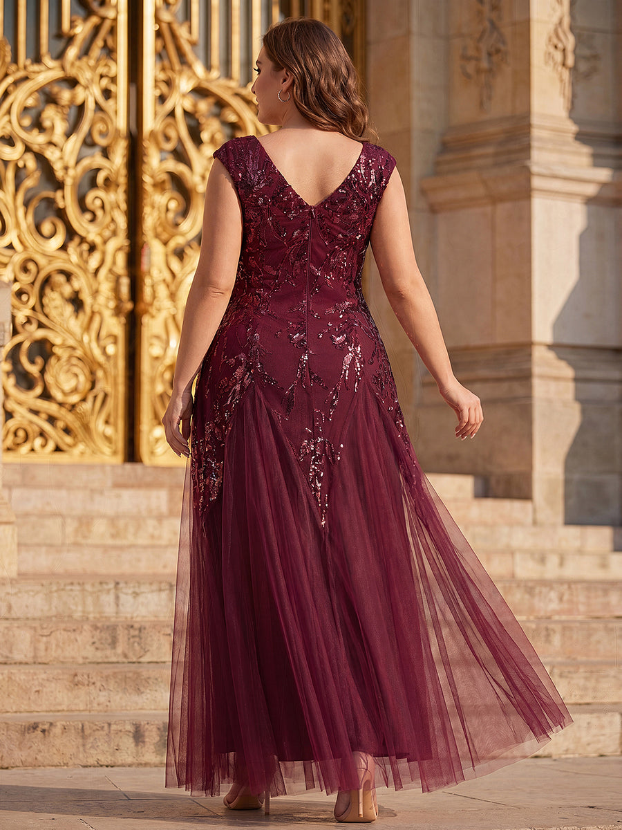 Bodenlanger V-Ausschnitt A-Linie Pailletten Kleid Mit Besticktem Blumenmuster #Farbe_Burgunderrot