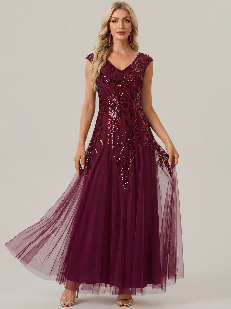 Bodenlanger V-Ausschnitt A-Linie Pailletten Kleid Mit Besticktem Blumenmuster #Farbe_Burgunderrot