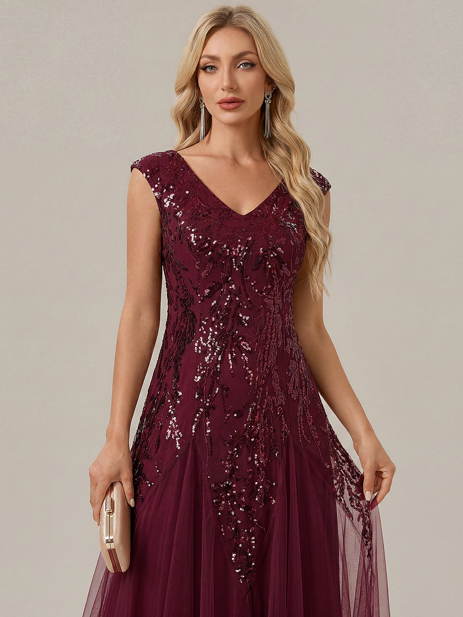 Bodenlanger V-Ausschnitt A-Linie Pailletten Kleid Mit Besticktem Blumenmuster #Farbe_Burgunderrot