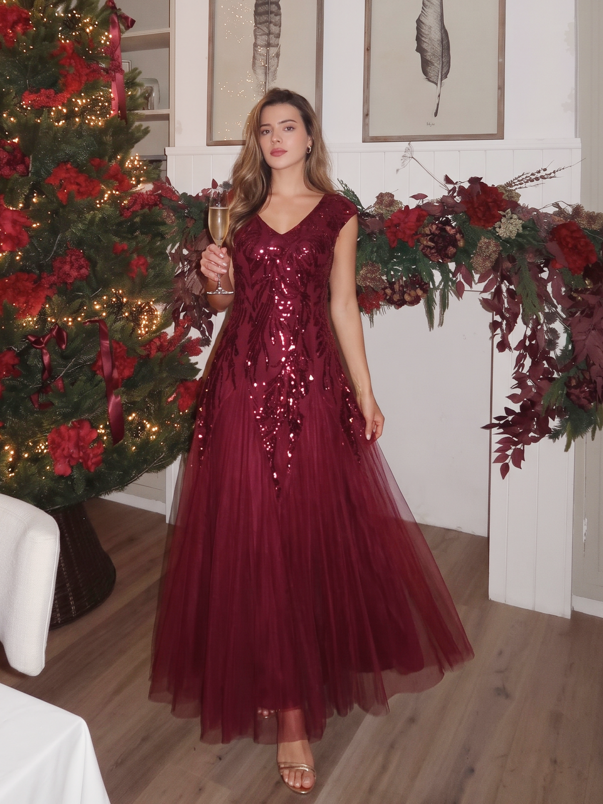 Bodenlanger V-Ausschnitt A-Linie Pailletten Kleid Mit Besticktem Blumenmuster #Farbe_Burgunderrot