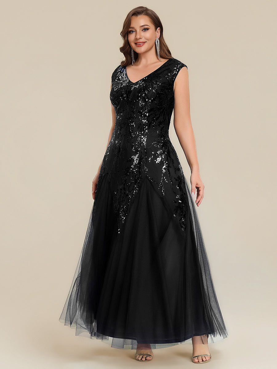 Bodenlanger V-Ausschnitt A-Linie Pailletten Kleid Mit Besticktem Blumenmuster #Farbe_Schwarz