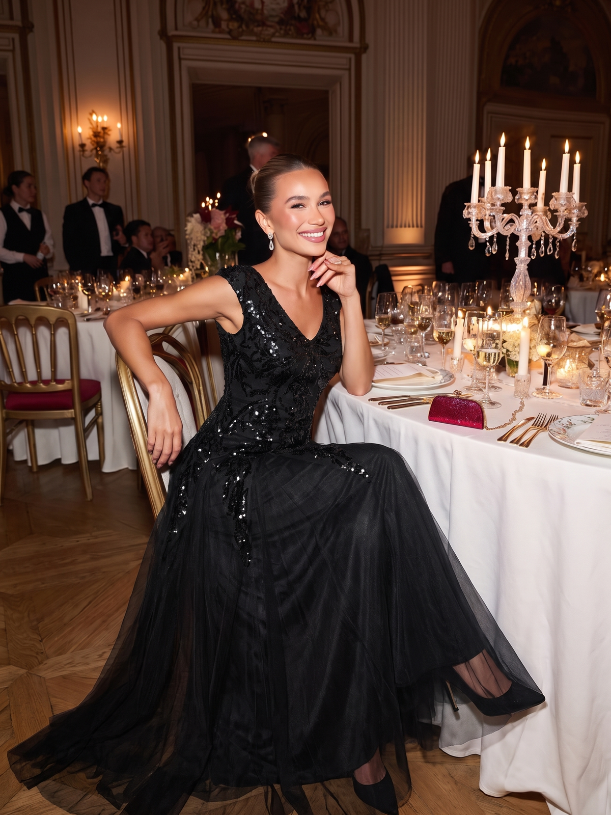 Bodenlanger V-Ausschnitt A-Linie Pailletten Kleid Mit Besticktem Blumenmuster #Farbe_Schwarz