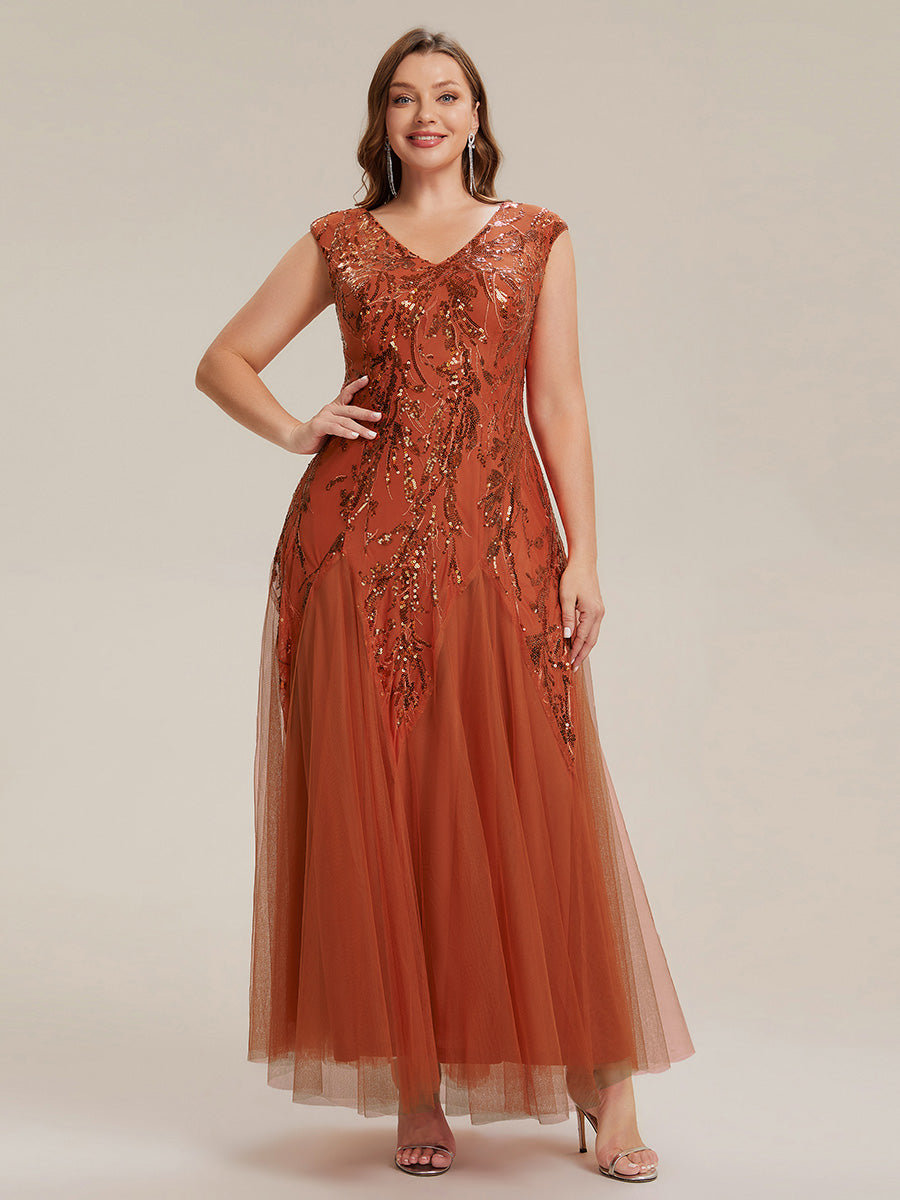 Bodenlanger V-Ausschnitt A-Linie Pailletten Kleid Mit Besticktem Blumenmuster #Farbe_Gebranntes Orange