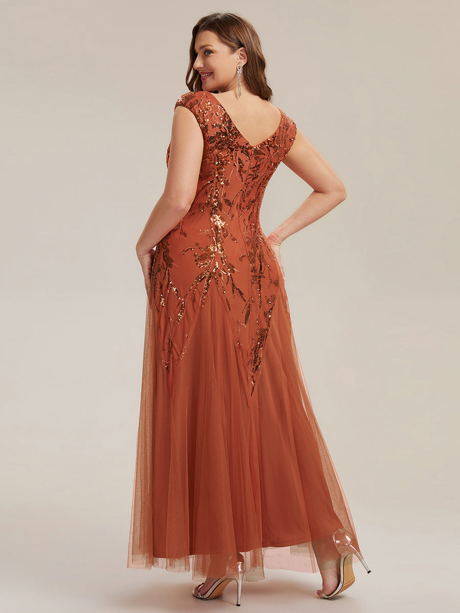 Bodenlanger V-Ausschnitt A-Linie Pailletten Kleid Mit Besticktem Blumenmuster #Farbe_Gebranntes Orange