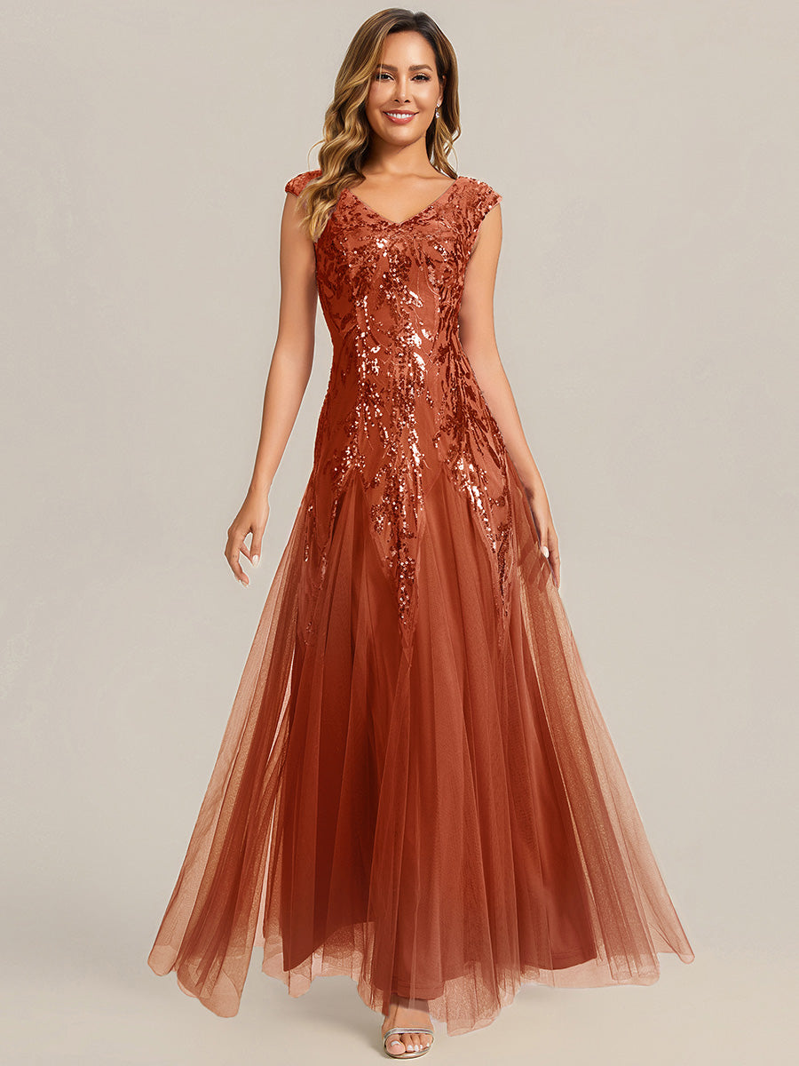 Bodenlanger V-Ausschnitt A-Linie Pailletten Kleid Mit Besticktem Blumenmuster #Farbe_Gebranntes Orange