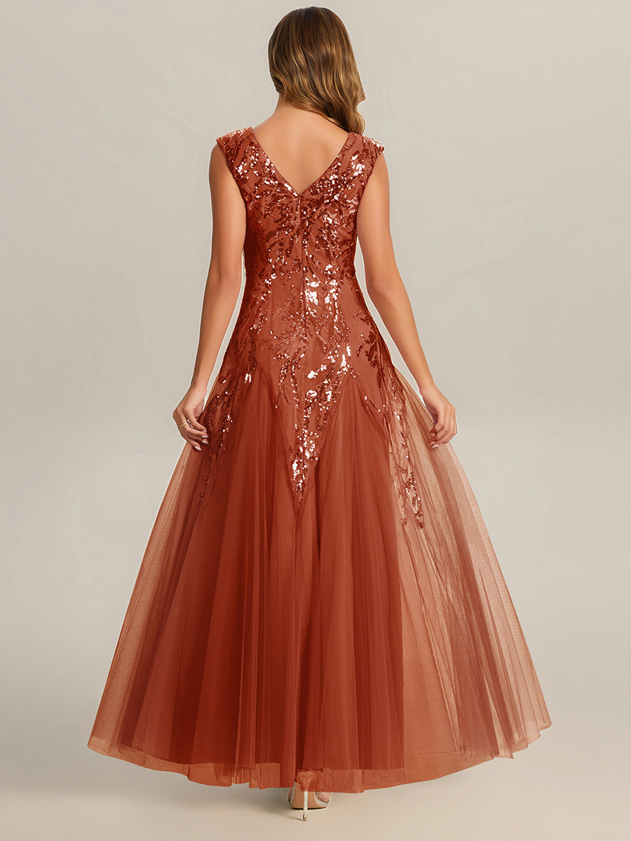 Bodenlanger V-Ausschnitt A-Linie Pailletten Kleid Mit Besticktem Blumenmuster #Farbe_Gebranntes Orange