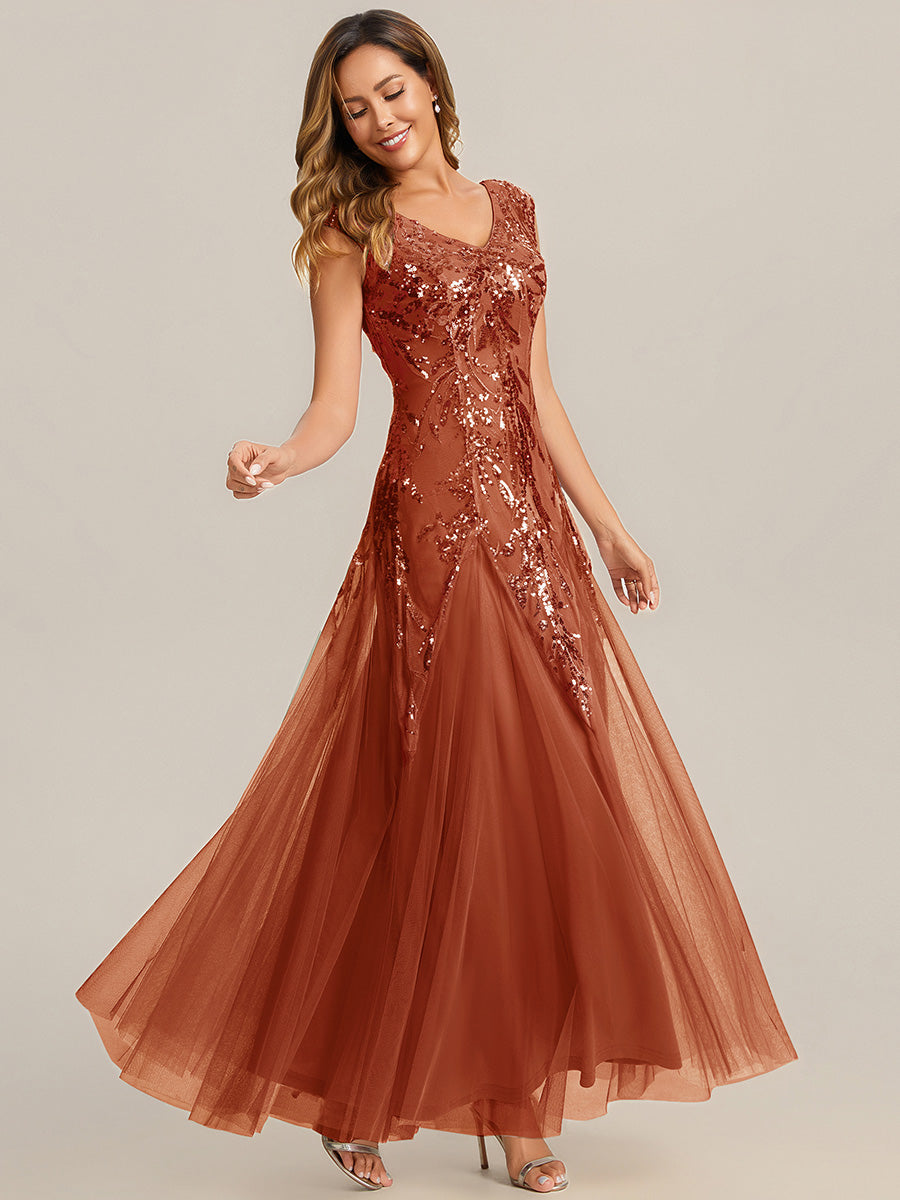 Bodenlanger V-Ausschnitt A-Linie Pailletten Kleid Mit Besticktem Blumenmuster #Farbe_Gebranntes Orange