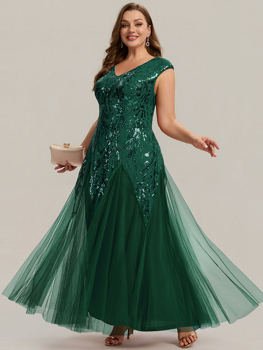 Bodenlanger V-Ausschnitt A-Linie Pailletten Kleid Mit Besticktem Blumenmuster #Farbe_Dunkelgrün