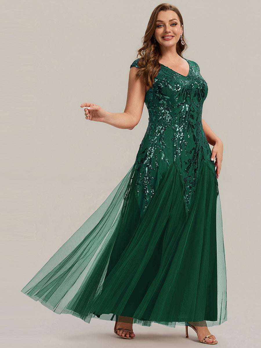 Bodenlanger V-Ausschnitt A-Linie Pailletten Kleid Mit Besticktem Blumenmuster #Farbe_Dunkelgrün