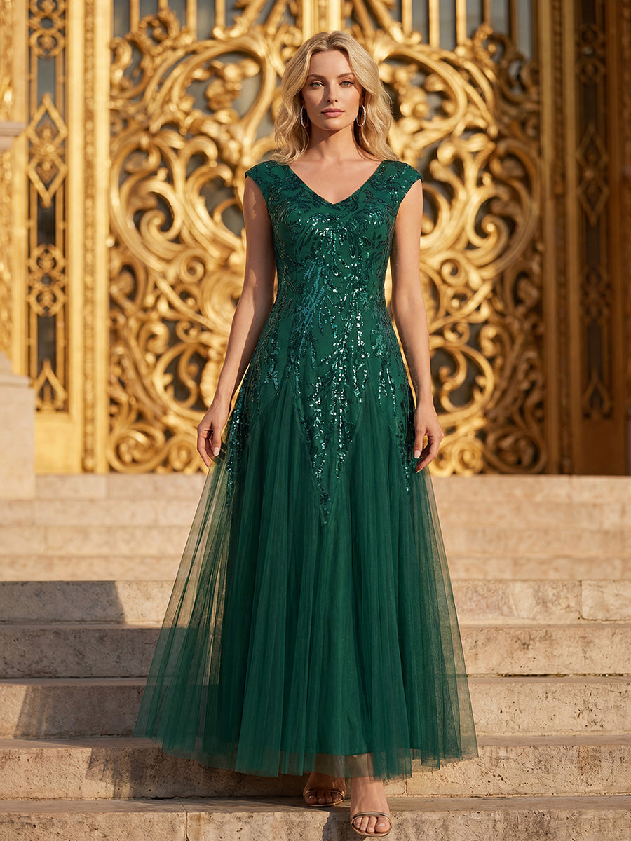 Bodenlanger V-Ausschnitt A-Linie Pailletten Kleid Mit Besticktem Blumenmuster #Farbe_Dunkelgrün
