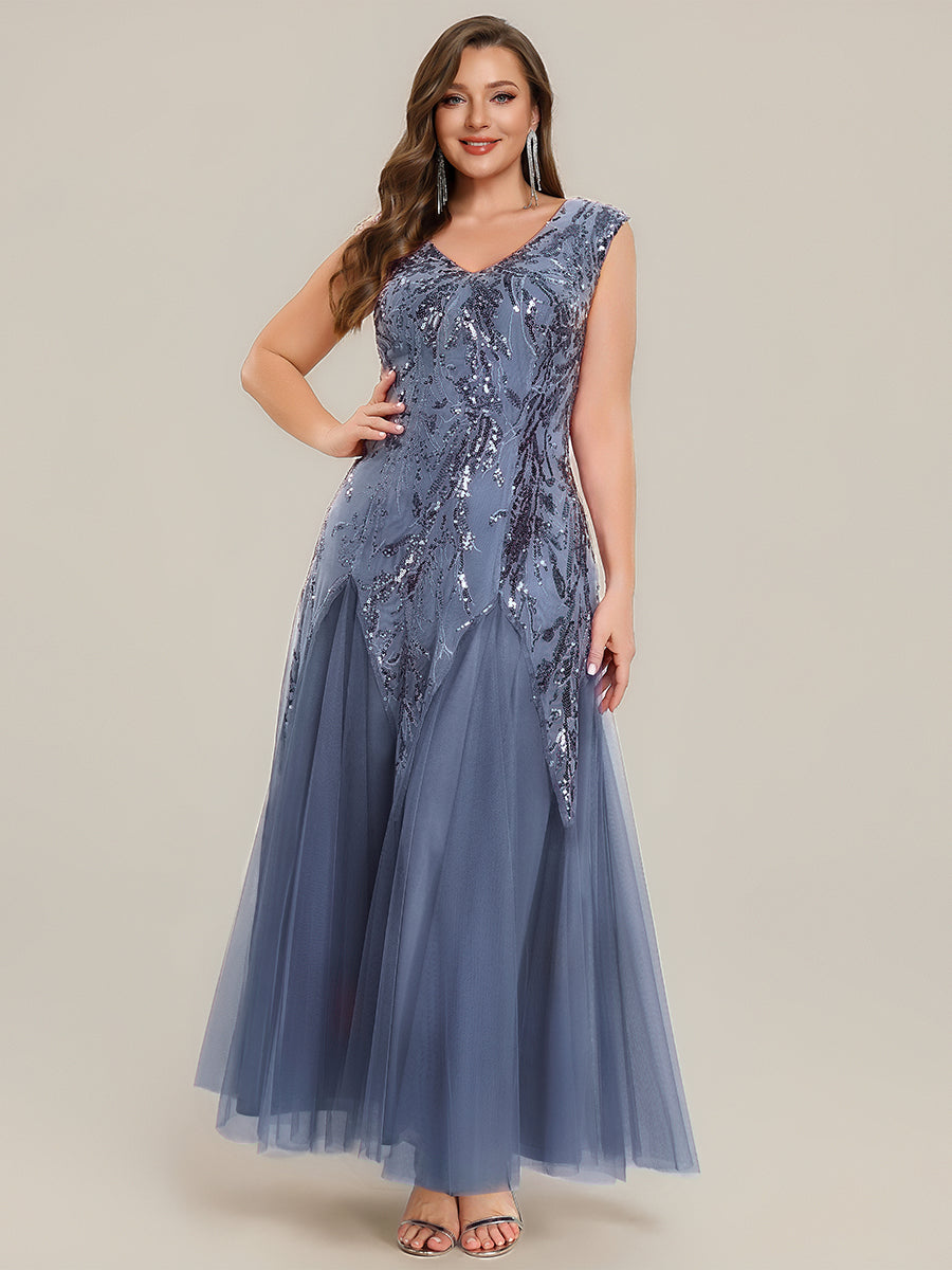 Bodenlanger V-Ausschnitt A-Linie Pailletten Kleid Mit Besticktem Blumenmuster #Farbe_Taubenblau