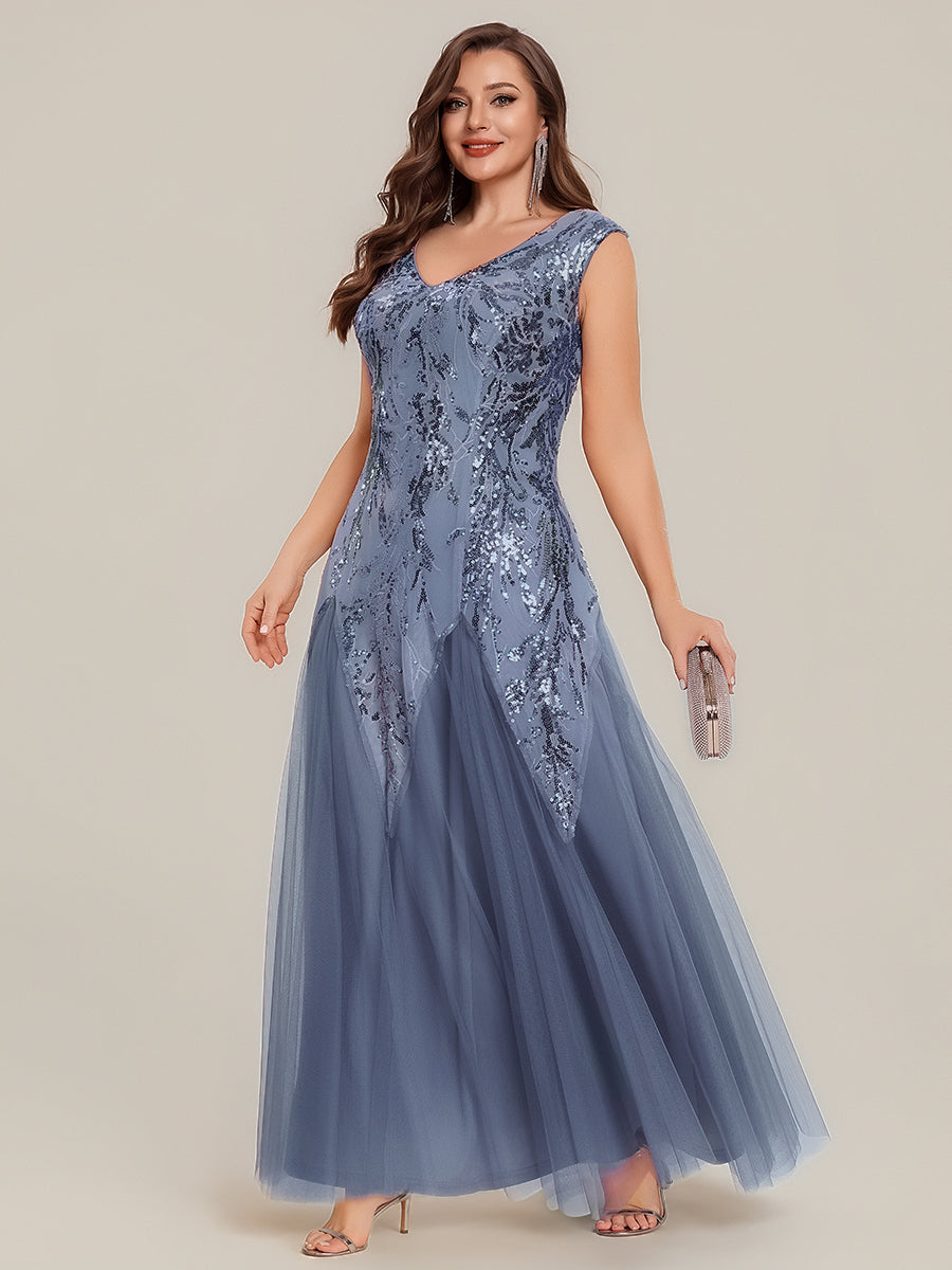 Bodenlanger V-Ausschnitt A-Linie Pailletten Kleid Mit Besticktem Blumenmuster #Farbe_Taubenblau