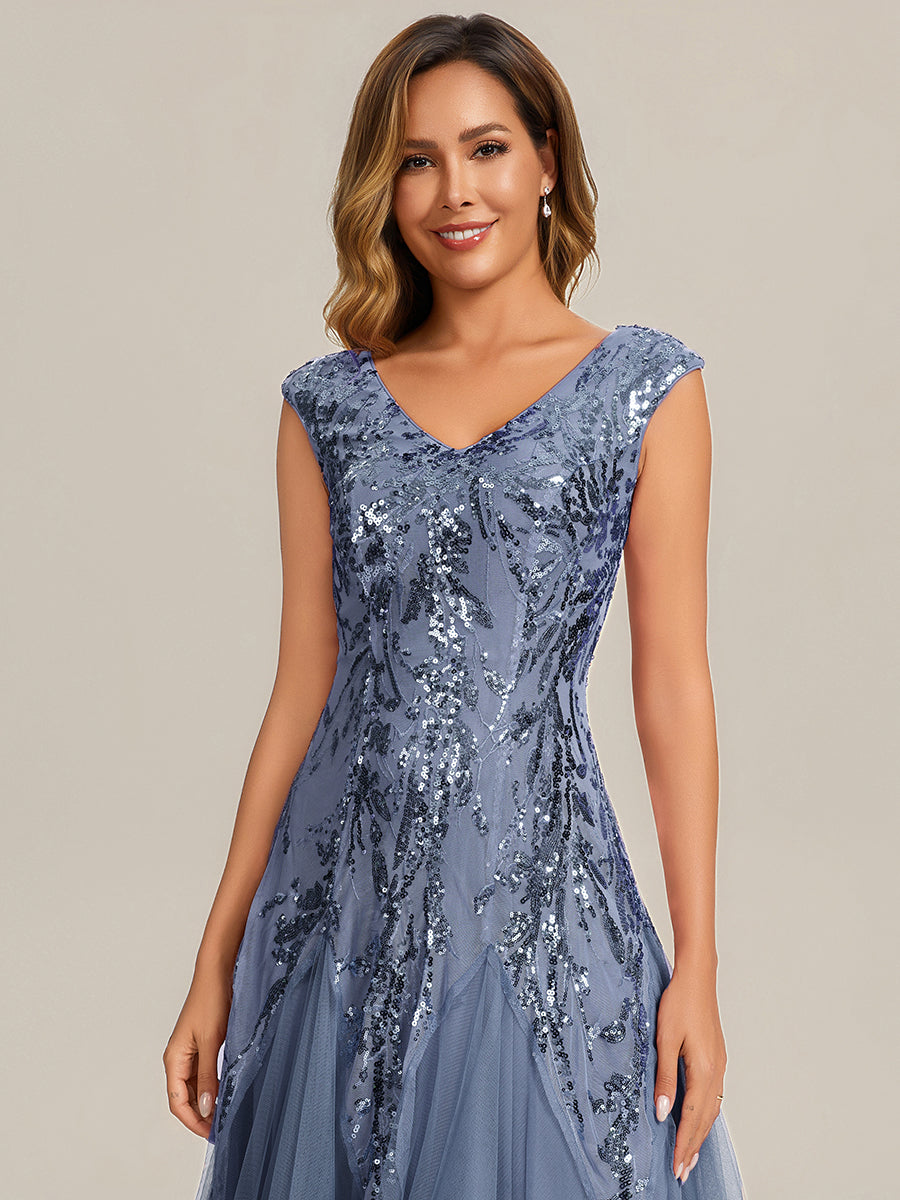 Bodenlanger V-Ausschnitt A-Linie Pailletten Kleid Mit Besticktem Blumenmuster #Farbe_Taubenblau