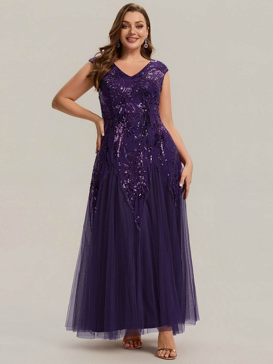 Bodenlanger V-Ausschnitt A-Linie Pailletten Kleid Mit Besticktem Blumenmuster #Farbe_Dunkelviolett
