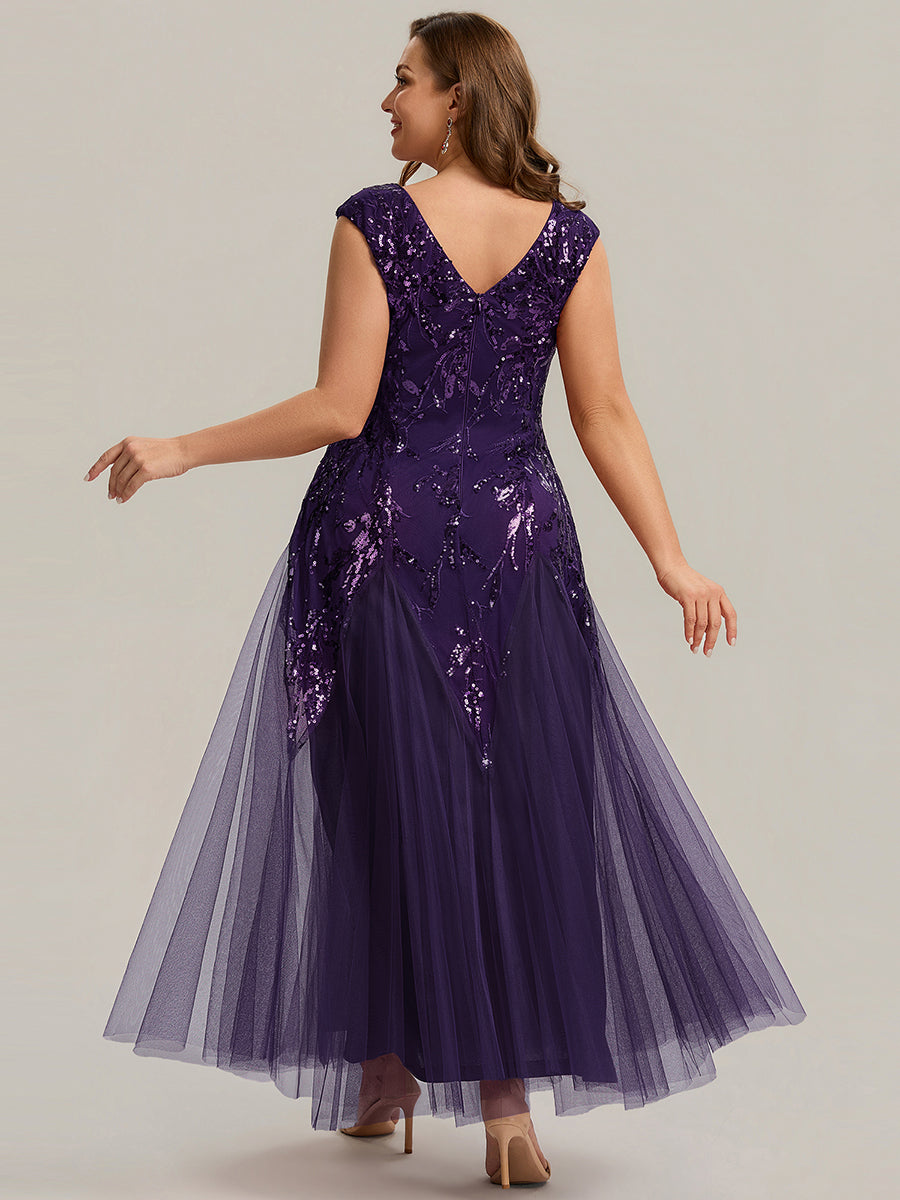 Bodenlanger V-Ausschnitt A-Linie Pailletten Kleid Mit Besticktem Blumenmuster #Farbe_Dunkelviolett
