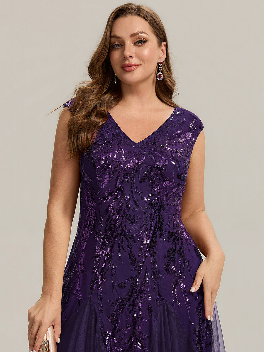 Bodenlanger V-Ausschnitt A-Linie Pailletten Kleid Mit Besticktem Blumenmuster #Farbe_Dunkelviolett