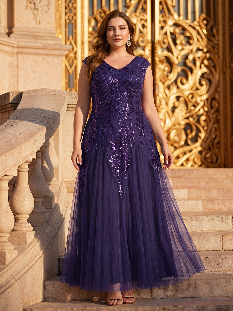 Bodenlanger V-Ausschnitt A-Linie Pailletten Kleid Mit Besticktem Blumenmuster #Farbe_Dunkelviolett