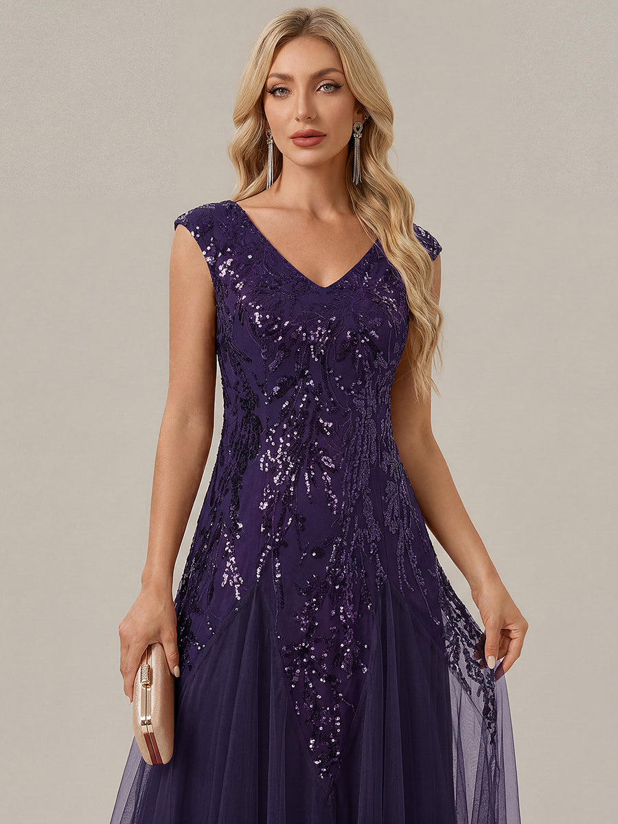 Bodenlanger V-Ausschnitt A-Linie Pailletten Kleid Mit Besticktem Blumenmuster #Farbe_Dunkelviolett