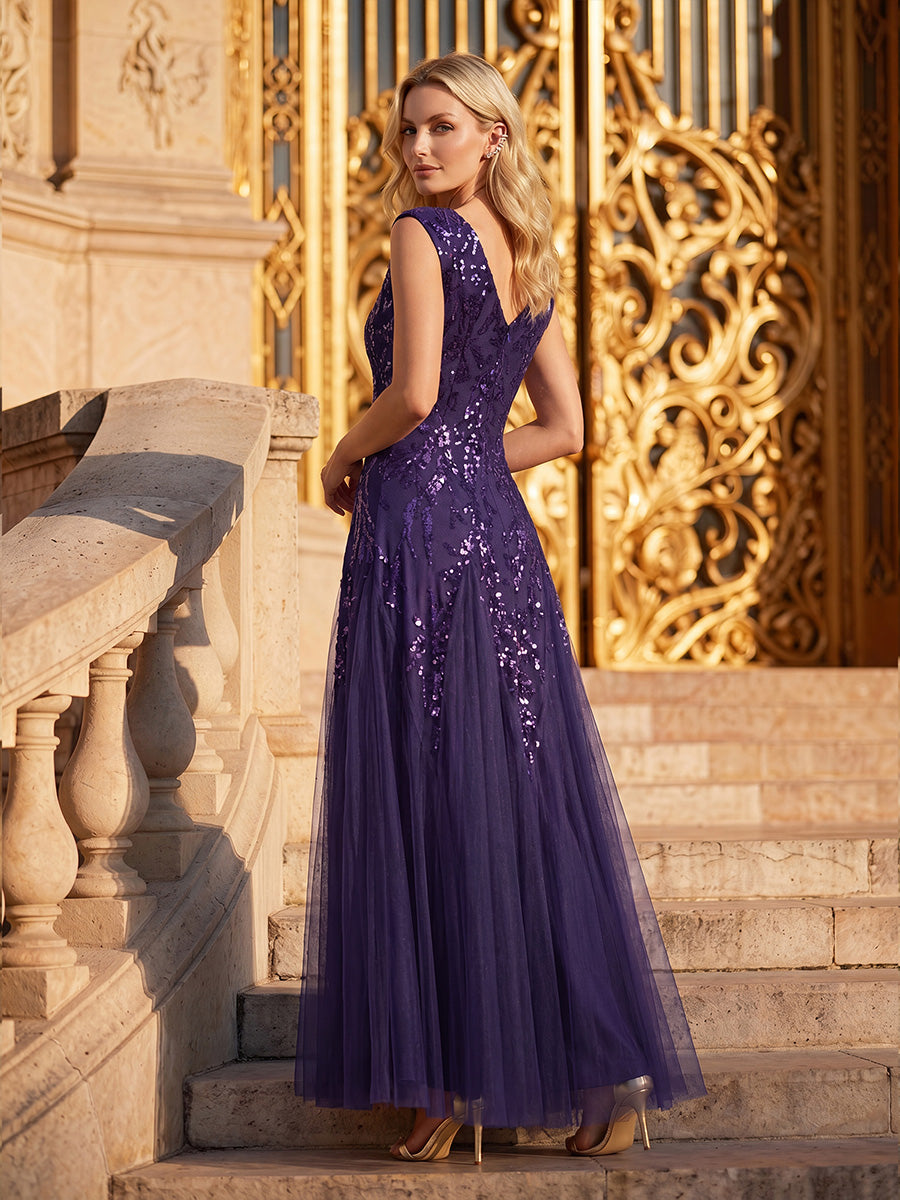 Bodenlanger V-Ausschnitt A-Linie Pailletten Kleid Mit Besticktem Blumenmuster #Farbe_Dunkelviolett