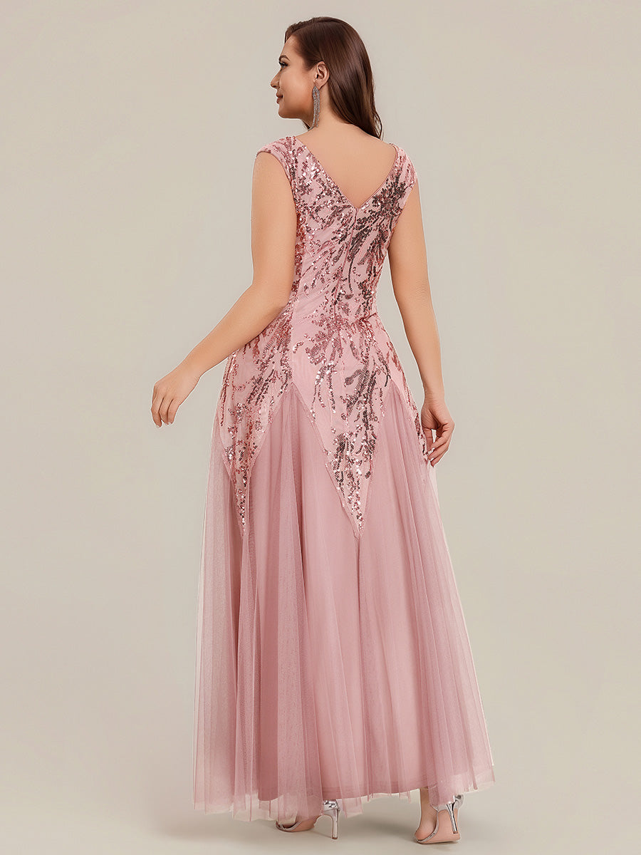 Bodenlanger V-Ausschnitt A-Linie Pailletten Kleid Mit Besticktem Blumenmuster #Farbe_Altrosa