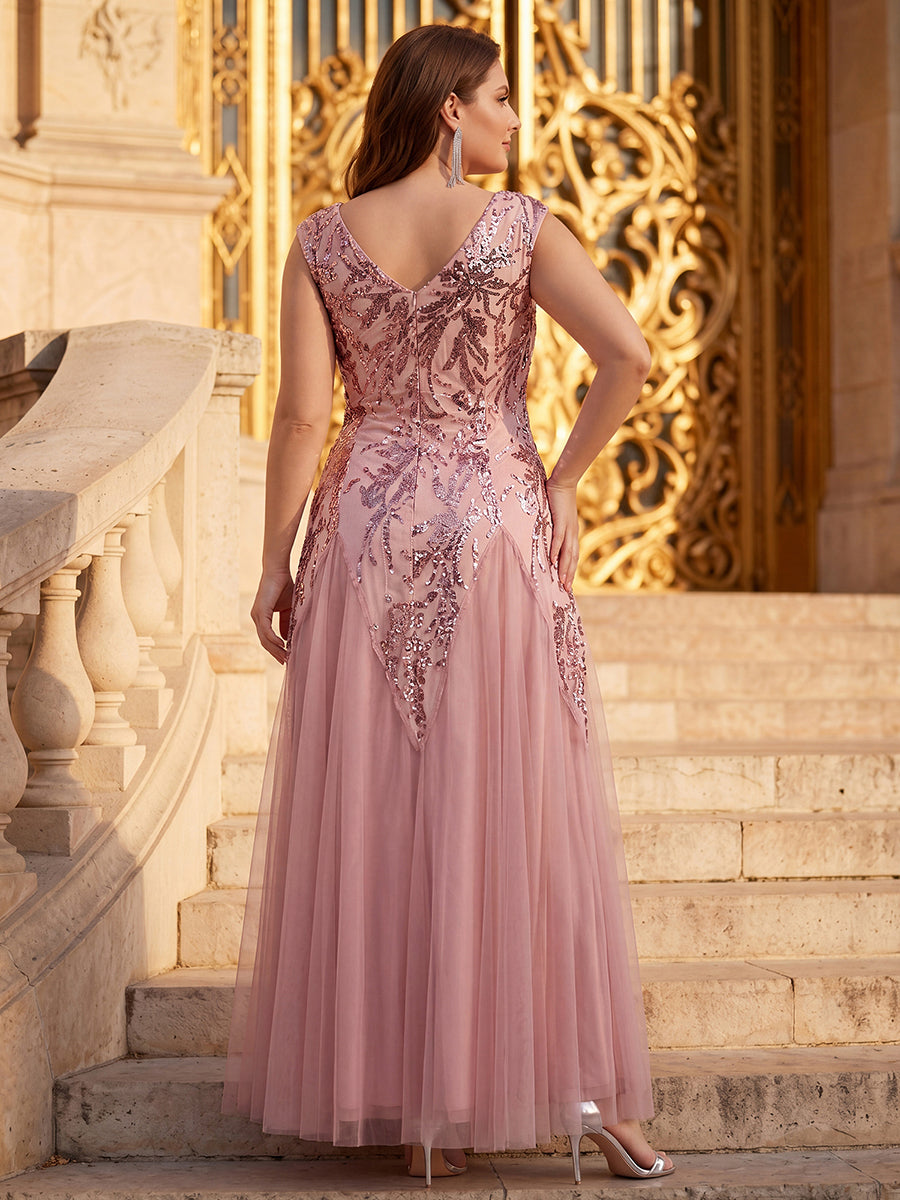 Bodenlanger V-Ausschnitt A-Linie Pailletten Kleid Mit Besticktem Blumenmuster #Farbe_Altrosa