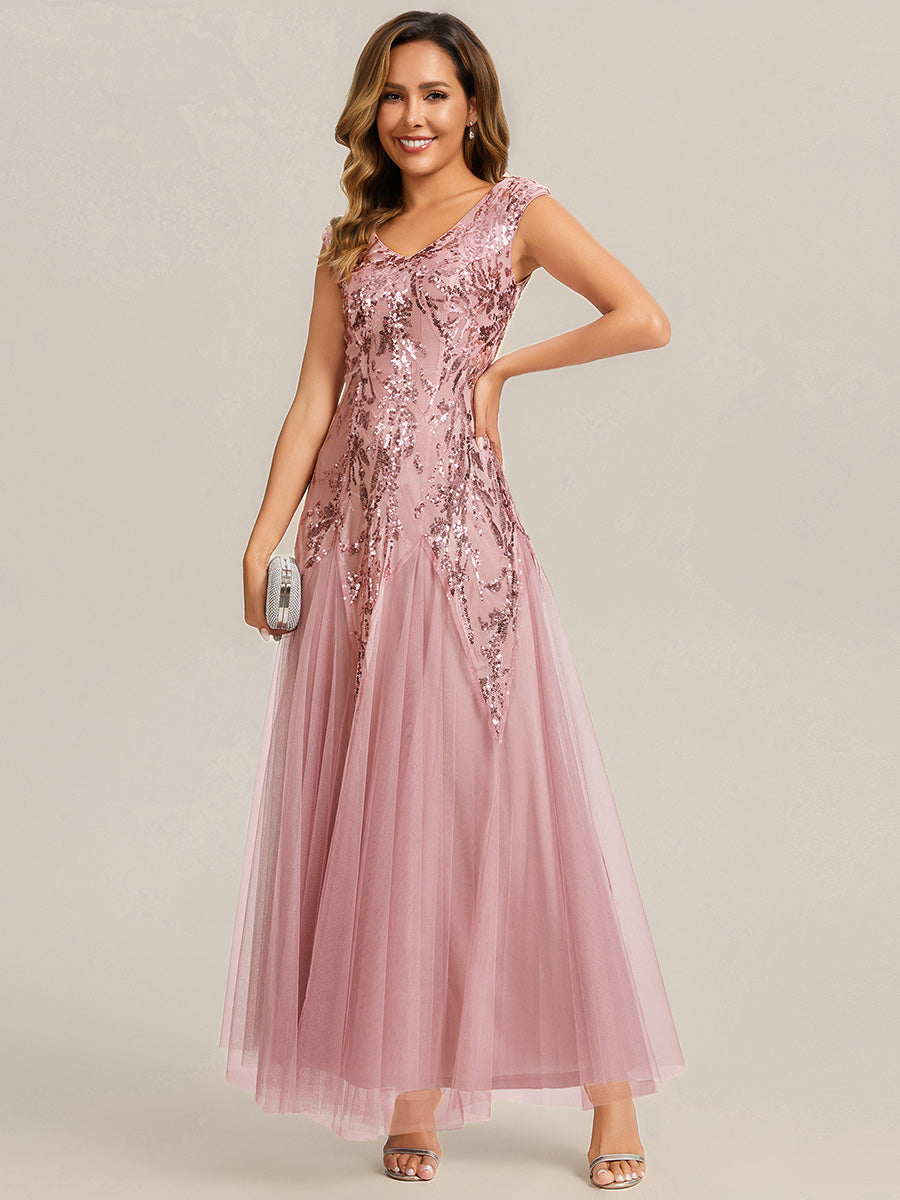 Bodenlanger V-Ausschnitt A-Linie Pailletten Kleid Mit Besticktem Blumenmuster #Farbe_Altrosa