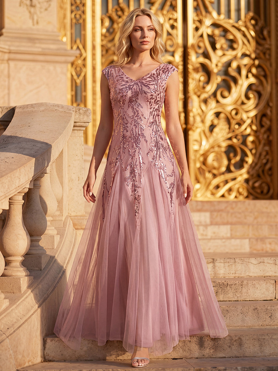 Bodenlanger V-Ausschnitt A-Linie Pailletten Kleid Mit Besticktem Blumenmuster #Farbe_Altrosa
