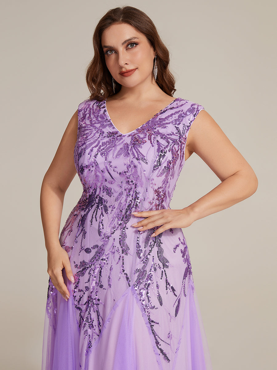 Bodenlanger V-Ausschnitt A-Linie Pailletten Kleid Mit Besticktem Blumenmuster #Farbe_Mattflieder