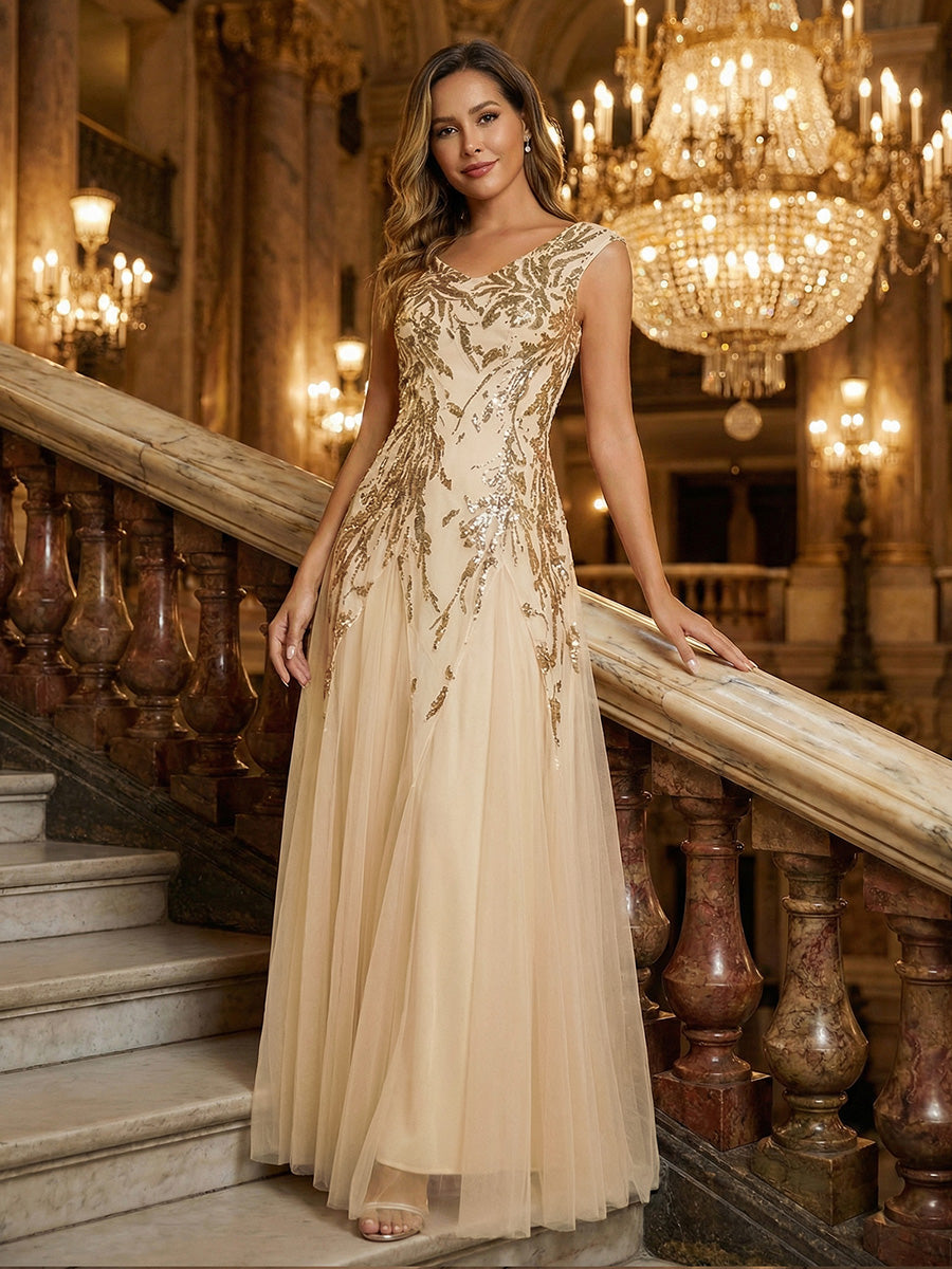 Bodenlanger V-Ausschnitt A-Linie Pailletten Kleid Mit Besticktem Blumenmuster #Farbe_Gold